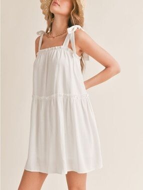 White Linen Blend Tiered Mini Dress Tie Strap Cottagecore Coquette XS NWT
